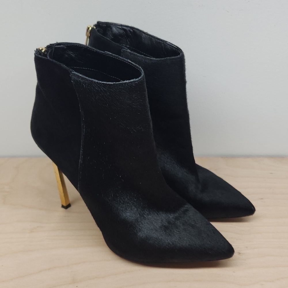 Sam Edelman Sandy Ankle Boots Black Leather Calf Hair Stiletto Zip Womens Sz 8.5
